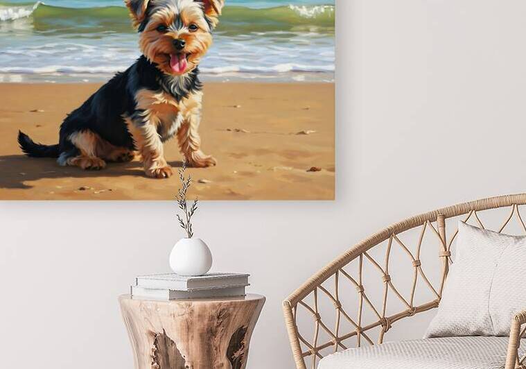 Tired Yorkshire Terrier Puppy Rests On Beach by Puppy Prints