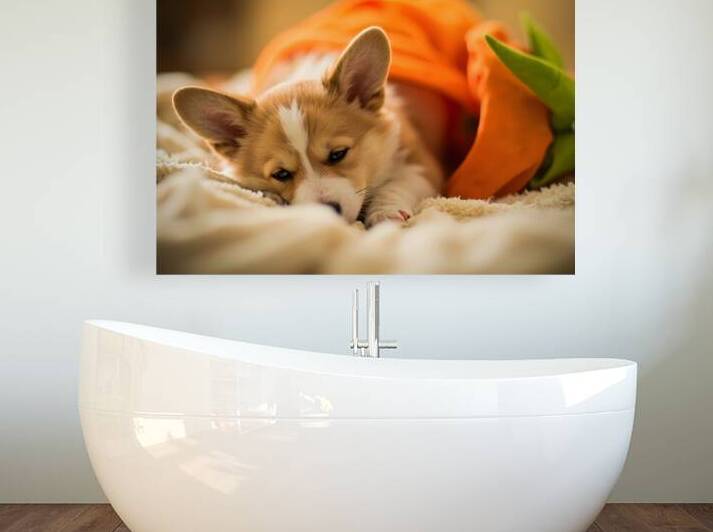 Sleepy Corgi Puppy Rests After Halloween Costume Adventure by Puppy Prints