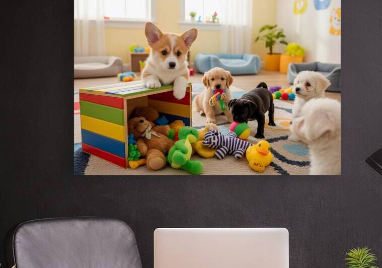 Corgi Puppy Discovers The Special Toy Box by Puppy Prints