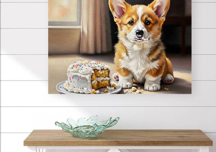 Happy Messy Corgi After Birthday Cake by Puppy Prints