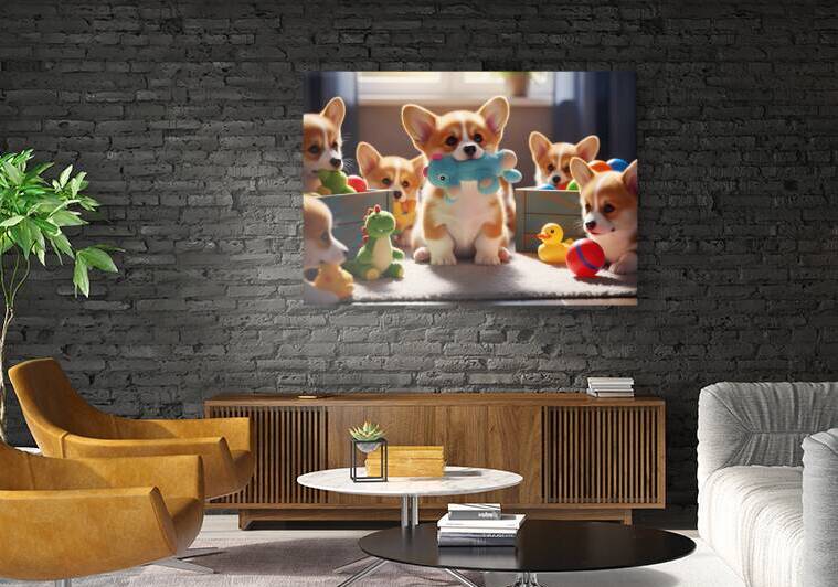 Happy Corgi Puppy Enjoys New Plush Toy Friend by Puppy Prints