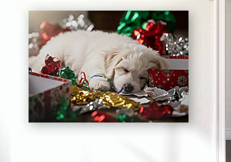 Sleepy Bichon Frise Puppy Naps Among Holiday Wrapping by Puppy Prints