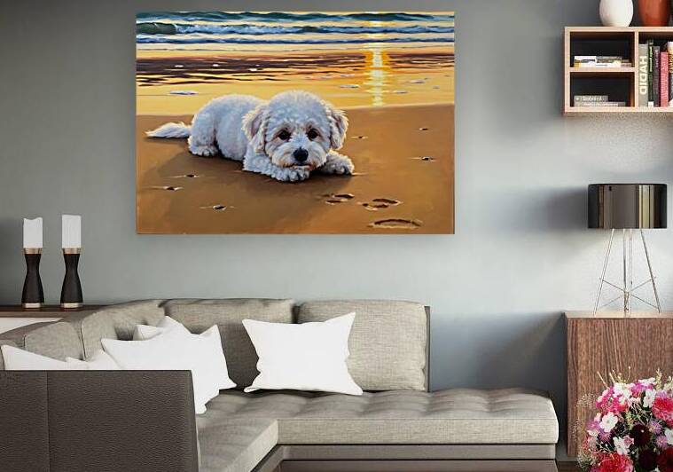 Content Bichon Frise Puppy Rests On Beach by Puppy Prints