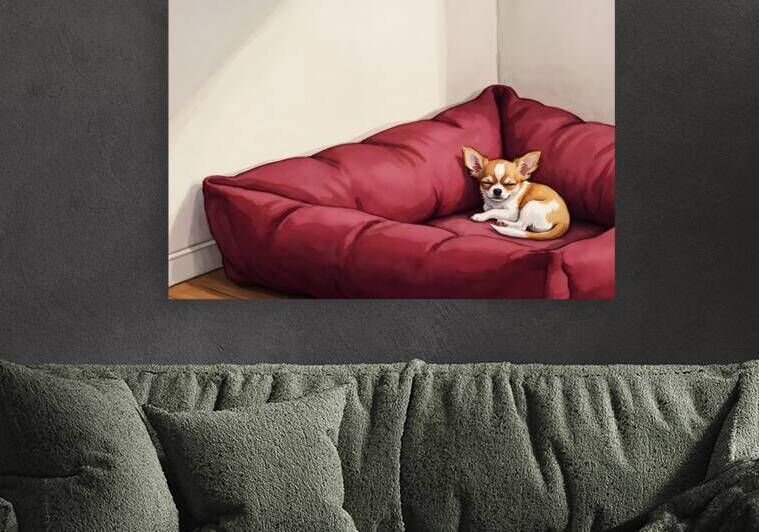 Sleepy Chihuahua Puppy Naps In Corner Of Giant Bed by Puppy Prints