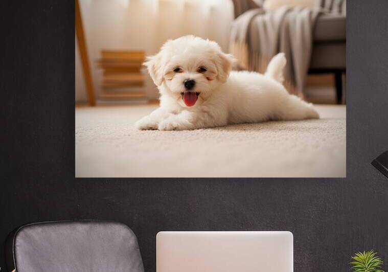 Tired Bichon Frise Puppy Rests After Zoomies Fun by Puppy Prints