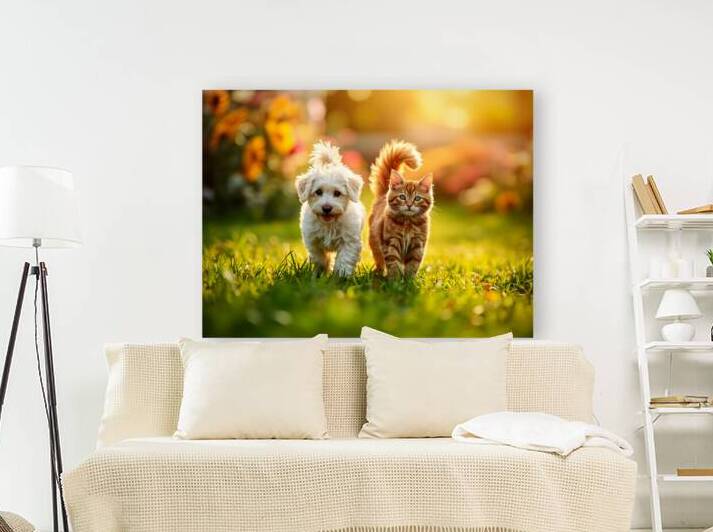 Bichon Frise Puppy And Cat Walk Together As Friends by Puppy Prints