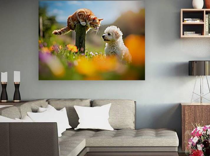 Bichon Frise Puppy Meets Garden Cat by Puppy Prints