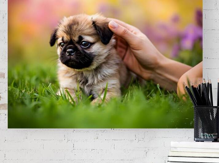 Pug Puppy Gets Gentle Ear Scratches In Garden by Puppy Prints