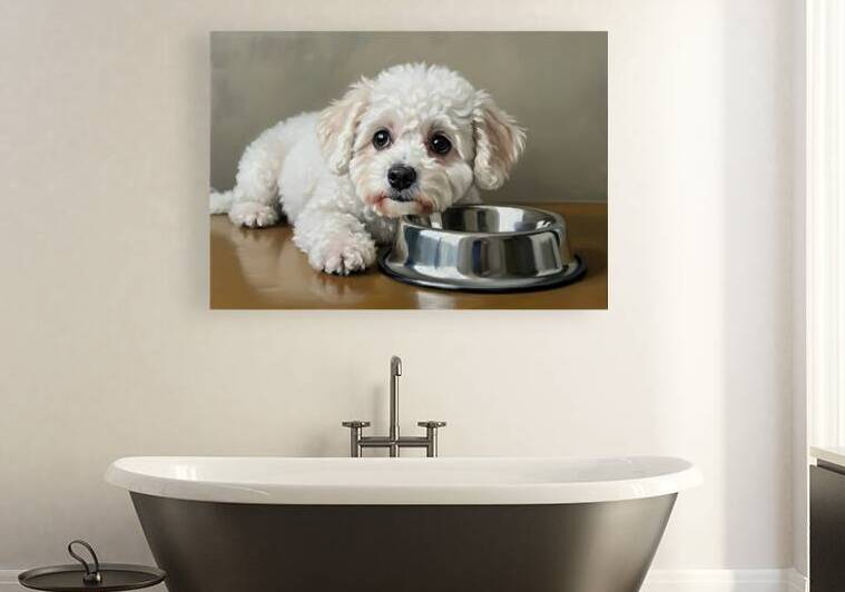 Patient Bichon Frise Puppy Waits By Food Bowl by Puppy Prints