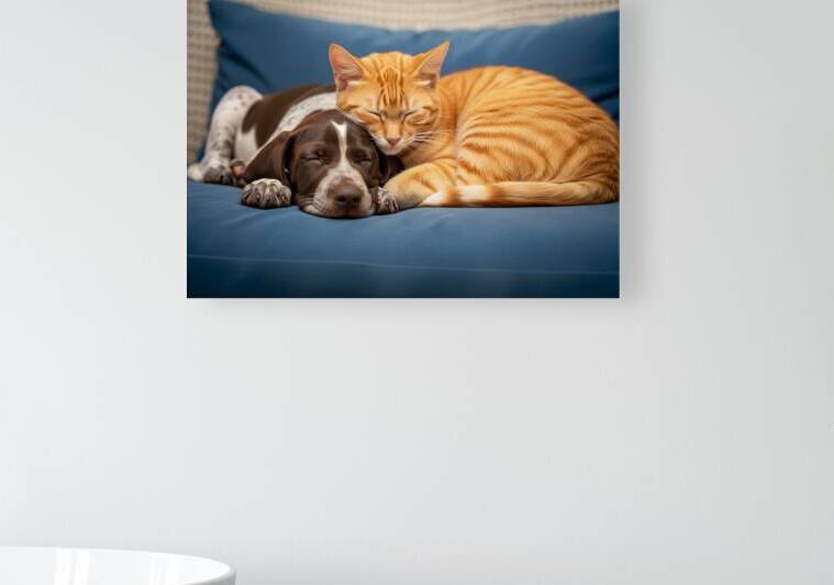 Puppy And Cat Snuggle Together Peacefully by Puppy Prints