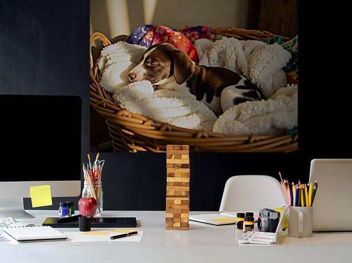 German Shorthaired Pointer Puppy Discovers Cozy Basket by Puppy Prints