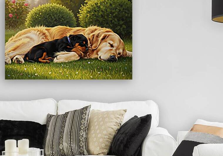 Sleepy Puppy Rests Safely Between Big Dogs Protective Paws by Puppy Prints