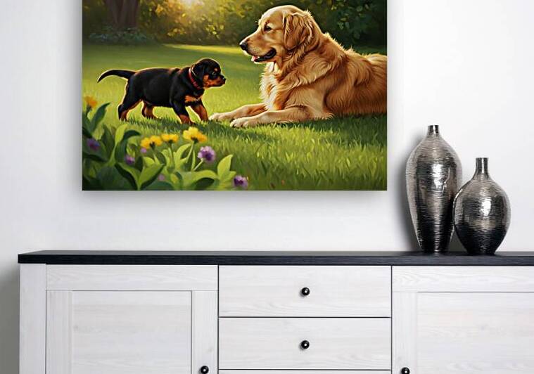 Rottweiler Puppy Meets Big Golden Friend In Garden by Puppy Prints