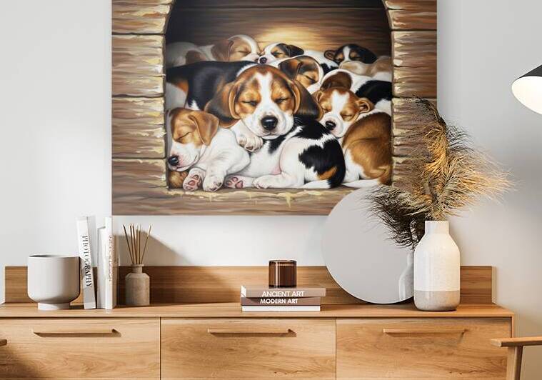 Beagle Puppy Sleeps Peacefully With Puppy Pile by Puppy Prints