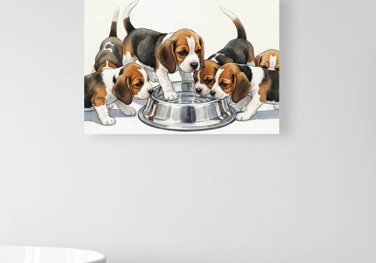 Beagle Puppy Approaches The Crowded Water Bowl by Puppy Prints
