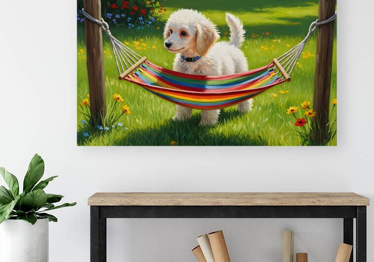 Poodle Puppy Discovers Tiny Hammock by Puppy Prints