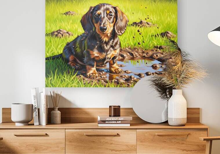 Muddy Dachshund Puppy Sits Contentedly by Puppy Prints