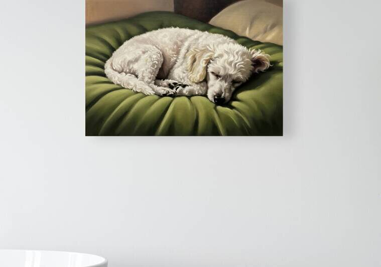 Poodle Puppy Dreams On Green Padded Bed by Puppy Prints