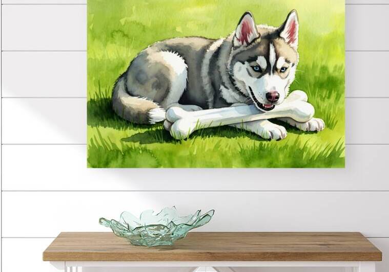 Content Husky Puppy Enjoys Victory With Bone by Puppy Prints