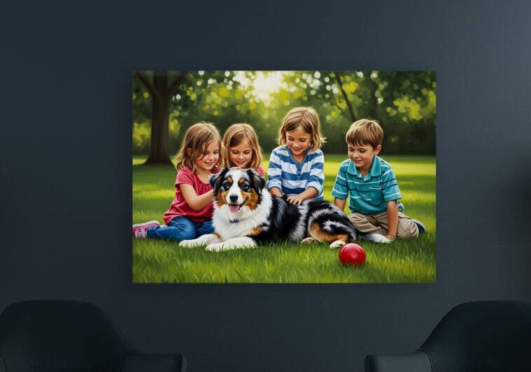 Tired Australian Shepherd Puppy Rests With Children by Puppy Prints