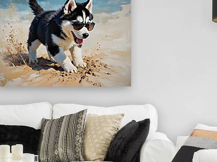 Husky Puppy Digging Excitedly In Beach Sand by Puppy Prints