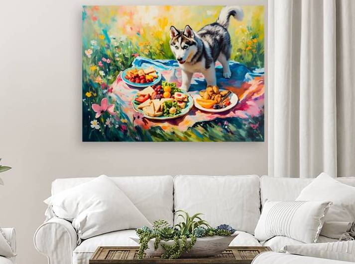 Husky Puppy Discovers Picnic Spread by Puppy Prints
