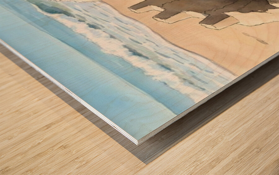 Happy White Poodle Puppy Sits In Destroyed Sand Castle Ruins Wood print