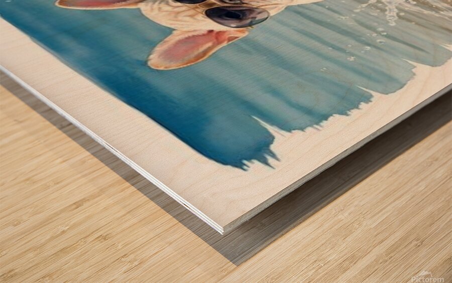 Cream French Bulldog Puppy Splashing In Ocean With Sunglasses Wood print