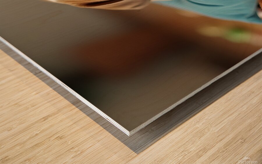 Sleepy Bulldog Puppy Yawns On Blue Cushion Wood print