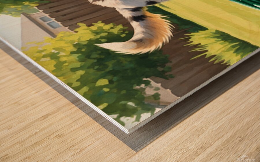 Australian Shepherd Puppy Discovers Garden Hose Wood print