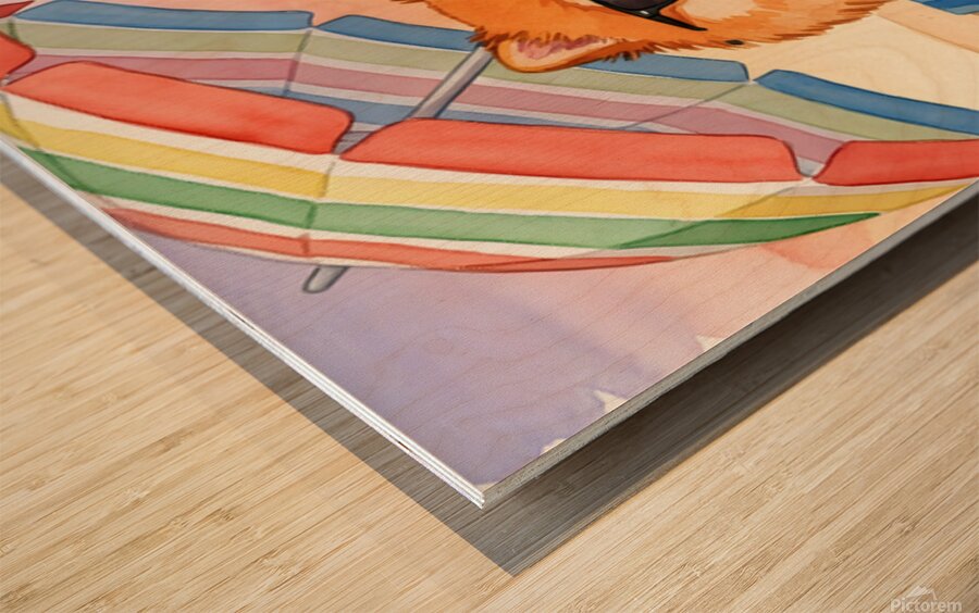 Tired Pomeranian Puppy Resting On Beach Towel Wood print