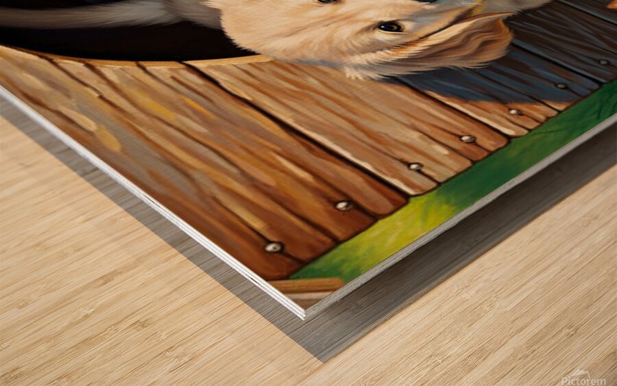 Golden Retriever Puppy Enters Crowded Doghouse Wood print