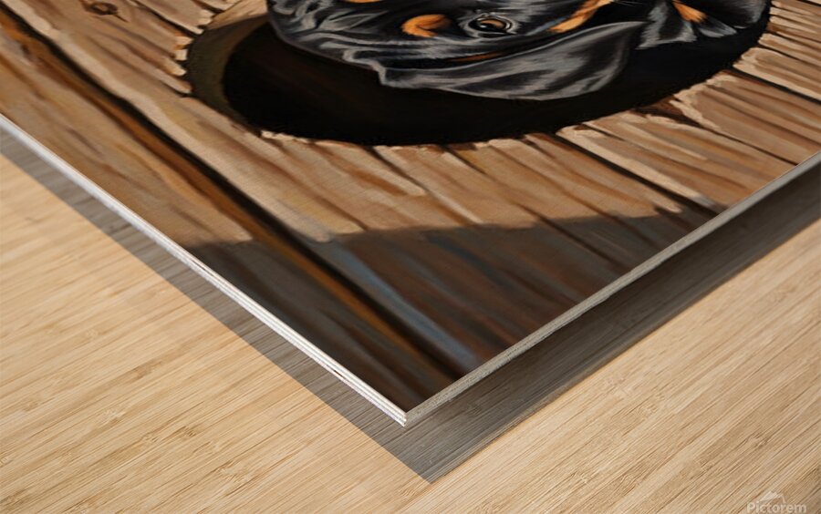 Curious Cane Corso Puppy Peeks From Doghouse Wood print