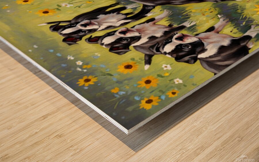 Boston Terrier Puppy Plays Near Beautiful Sunflower Wood print