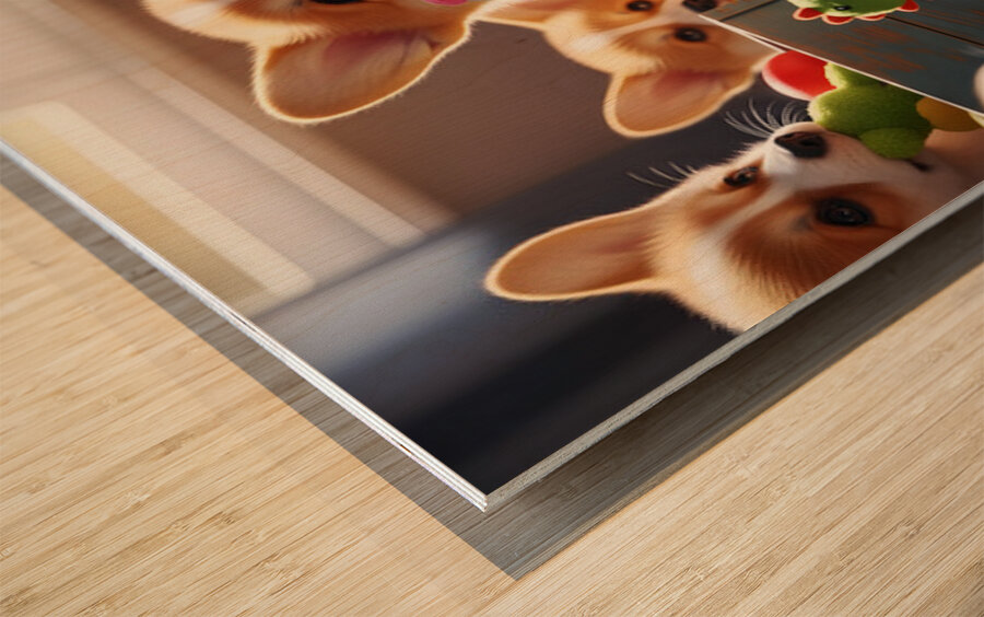 Happy Corgi Puppy Enjoys New Plush Toy Friend Wood print