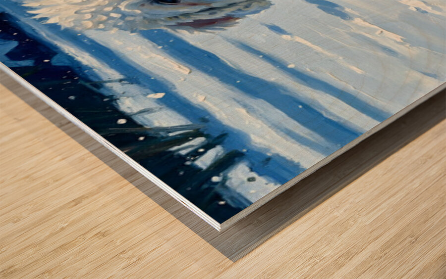 Happy Bichon Frise Puppy Rests After Snow Play Wood print