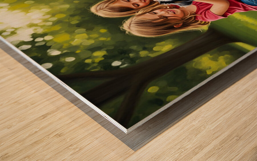 Tired Australian Shepherd Puppy Rests With Children Wood print