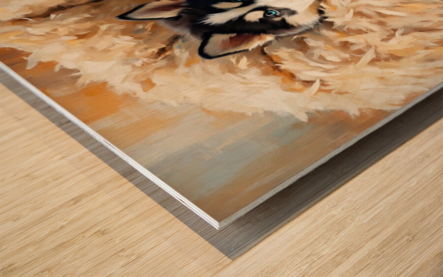 Little Husky Puppy Discovers Giant Cozy Dog Bed Wood print