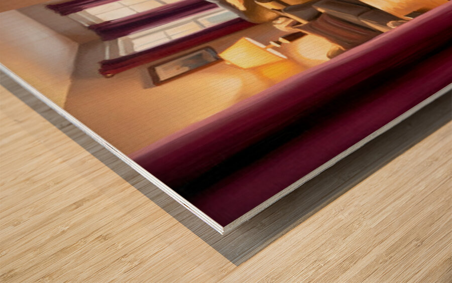 Happy Labrador Puppy Running From Dark Blue Curtains Wood print