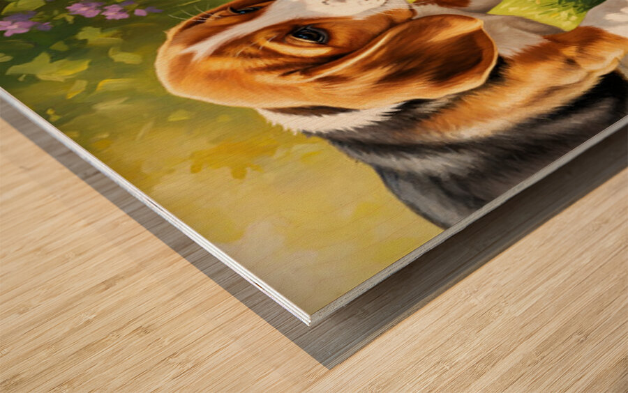 Beagle Puppy Discovers Garden Surprise Wood print