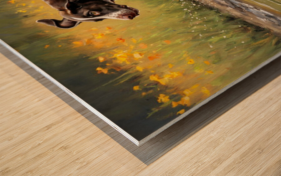 Happy Muddy German Shorthaired Pointer Puppy After Puddle Adventure Wood print