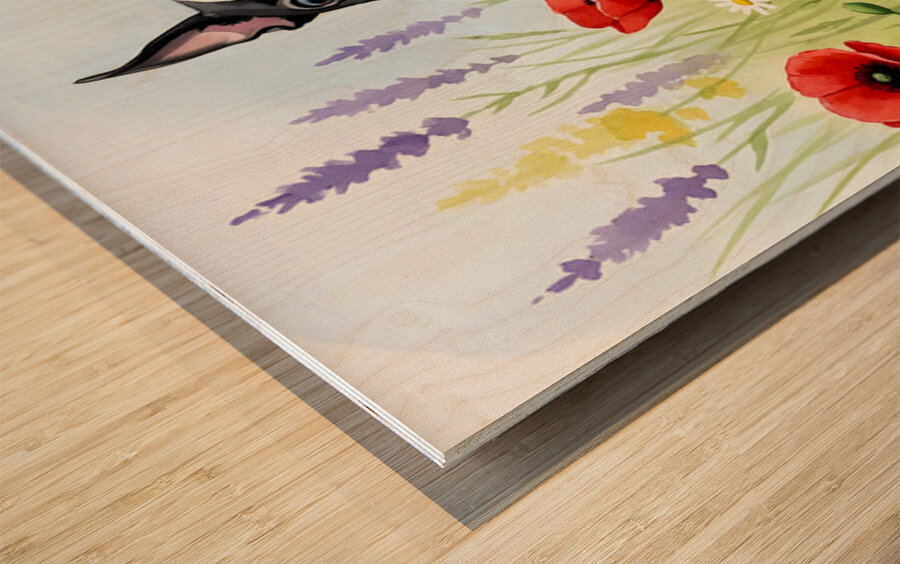 Boston Terrier Puppy Discovers Wildflower Meadow Wood print