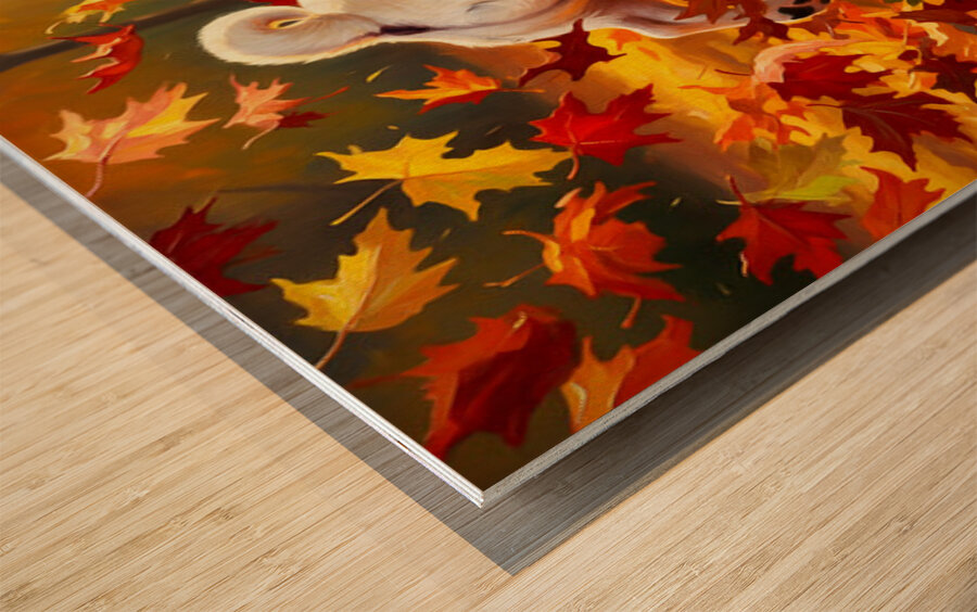 French Bulldog Puppy Discovers Autumn Leaf Pile Wood print