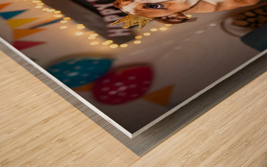 Bulldog Puppy With Golden Crown At Birthday Party Wood print