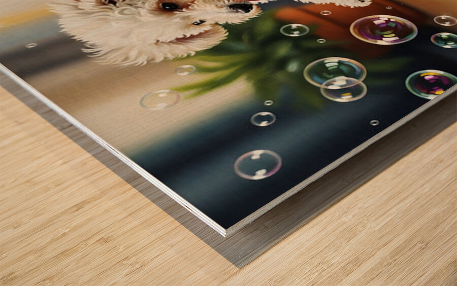 Poodle Puppy Discovers Bath Bubbles Wood print