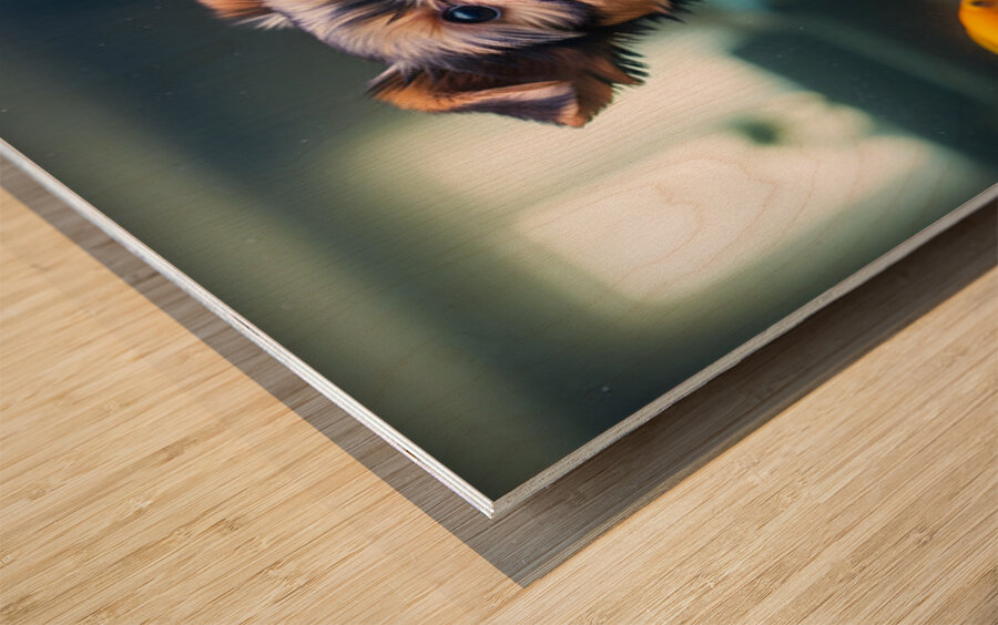Yorkshire Terrier Puppy Discovers Amazing Aquarium World Wood print