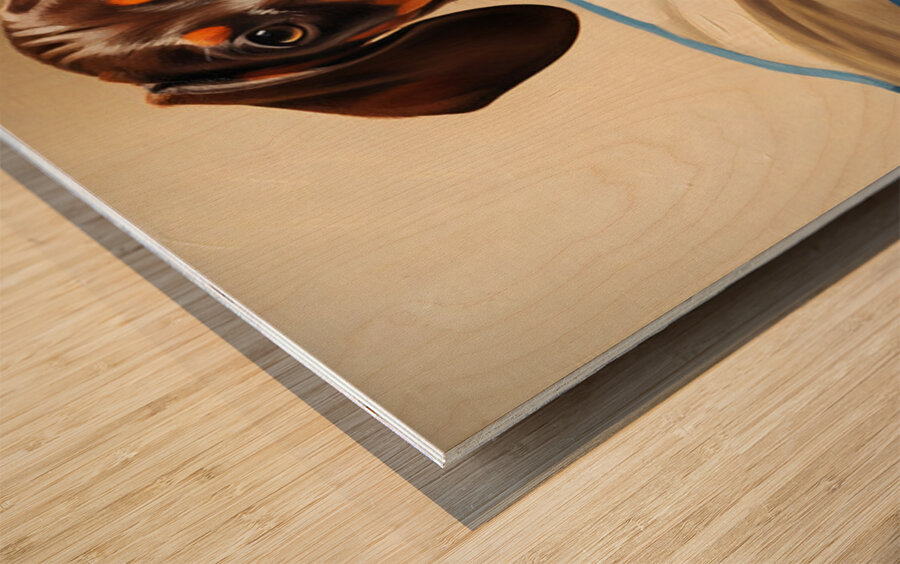 Dachshund Puppy Content On Cozy Dog Bed Wood print