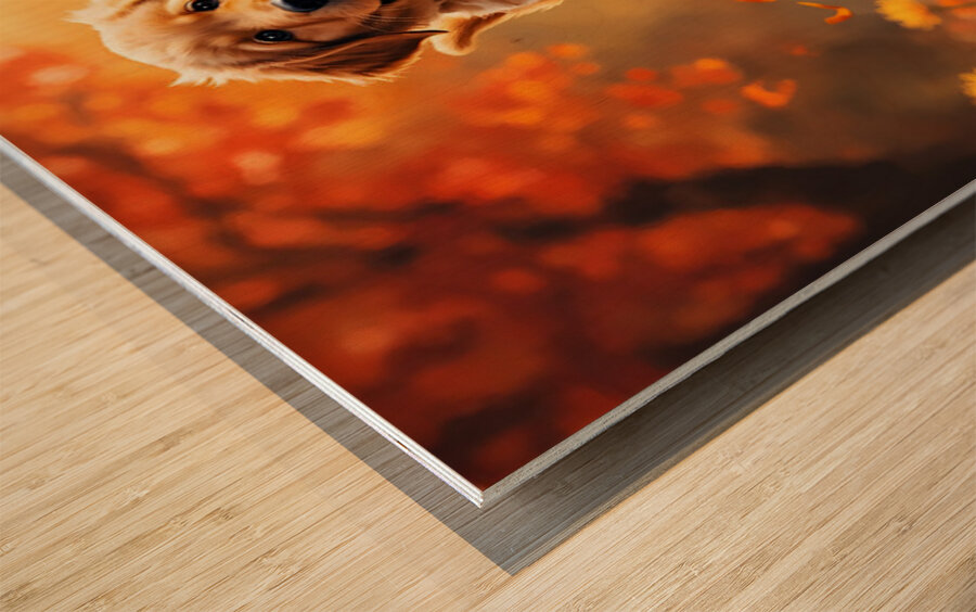 Golden Retriever Puppy Spots Dancing Autumn Leaves Wood print