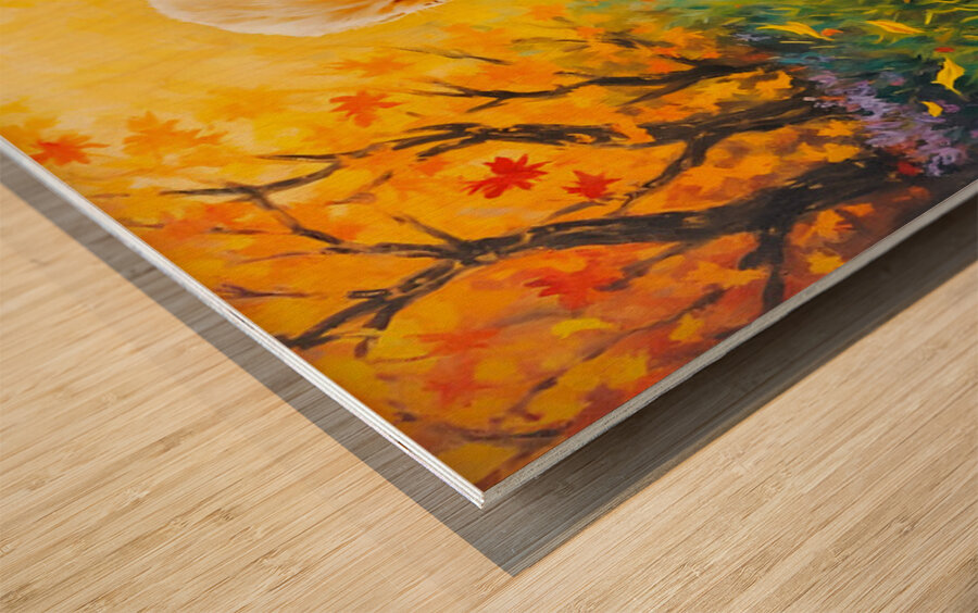 Happy Golden Retriever Puppy Decorated With Leaves Wood print