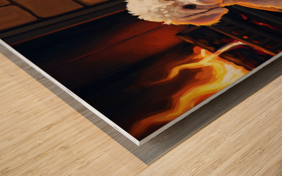 Bichon Frise Puppy Finds Perfect Fireplace Spot Wood print